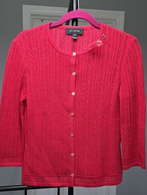 St. John Hot Pink Openwork Knit Button-Front Cardigan